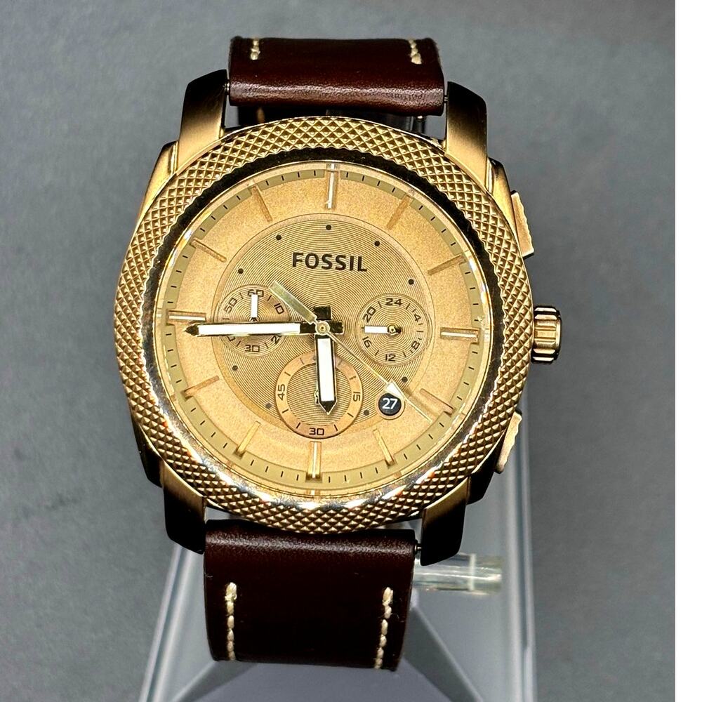 Fossil FS5075 Machine Chronograph Gold Tone Leather Strap Men's Watch 44mm